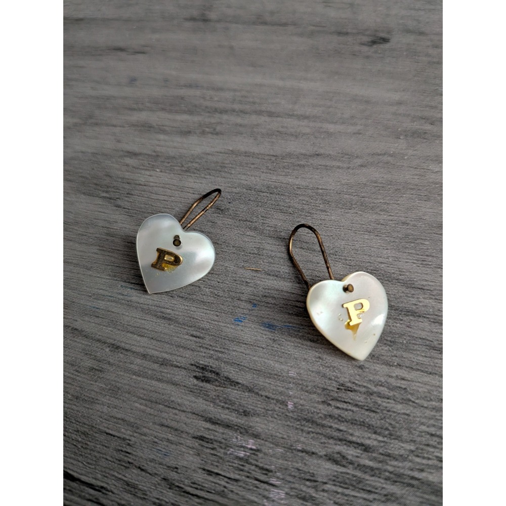 Mother of Pearl Heart Initial P Drop Earrings Gold Tone Monogram Dangle
